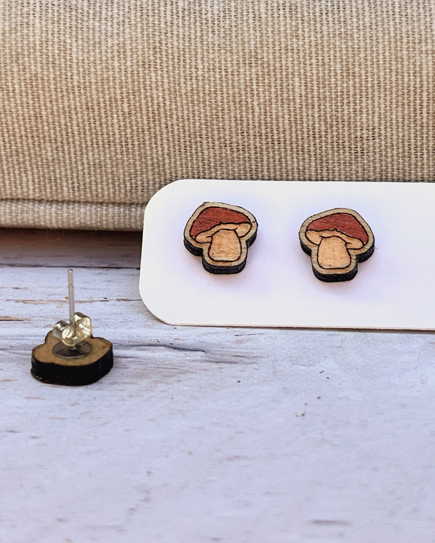 Mushroom Studs — Hand-Painted Wooden Earrings