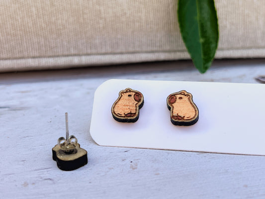 Hand Painted Wooden Stud Earrings — Capybara — Lightweight Hypoallergenic Gift