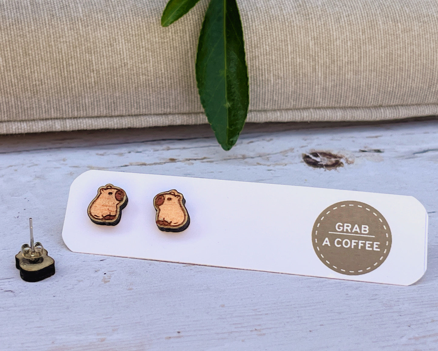 Hand Painted Wooden Stud Earrings — Capybara — Lightweight Hypoallergenic Gift