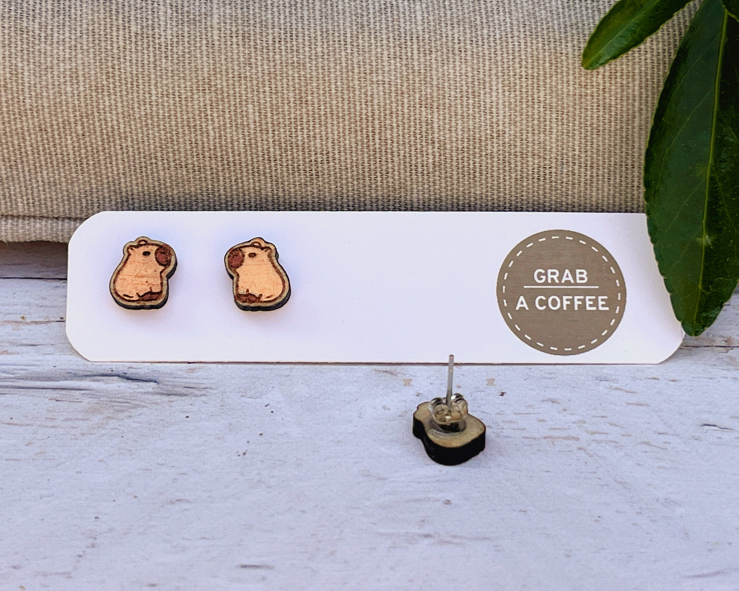 Hand Painted Wooden Stud Earrings — Capybara — Lightweight Hypoallergenic Gift
