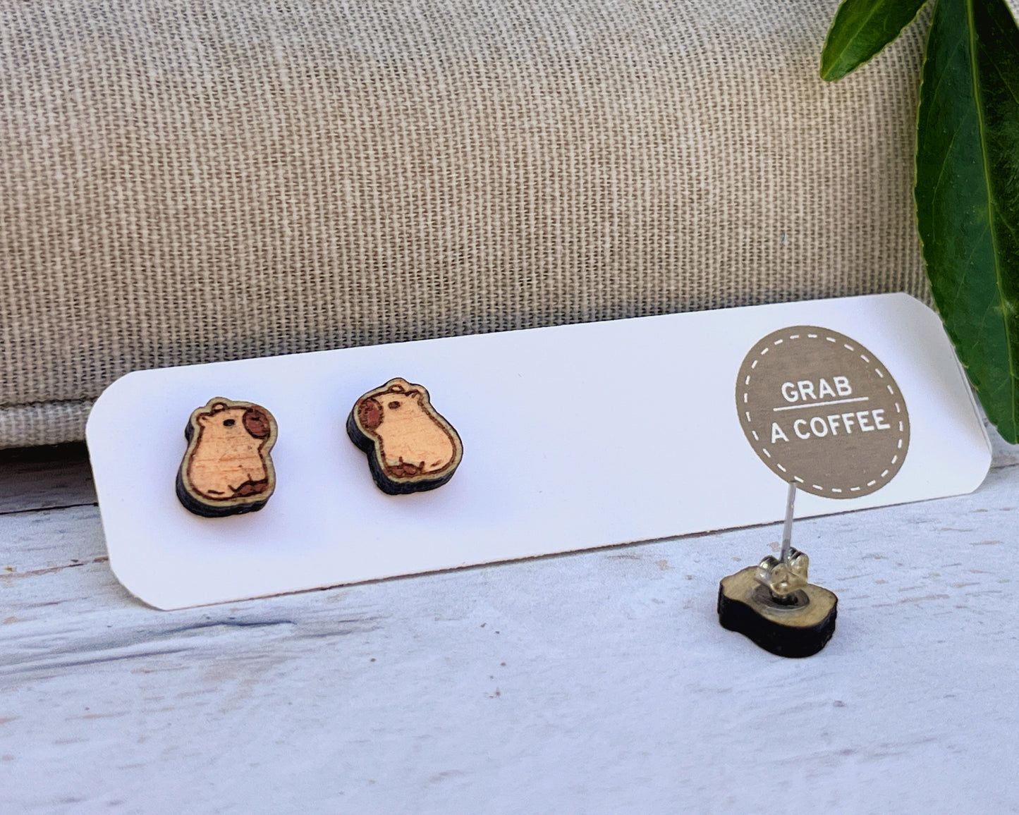 Hand Painted Wooden Stud Earrings — Capybara — Lightweight Hypoallergenic Gift