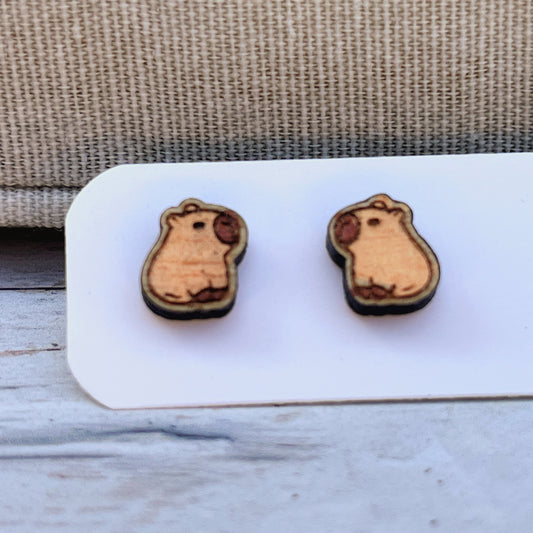 Hand Painted Wooden Stud Earrings — Capybara — Lightweight Hypoallergenic Gift