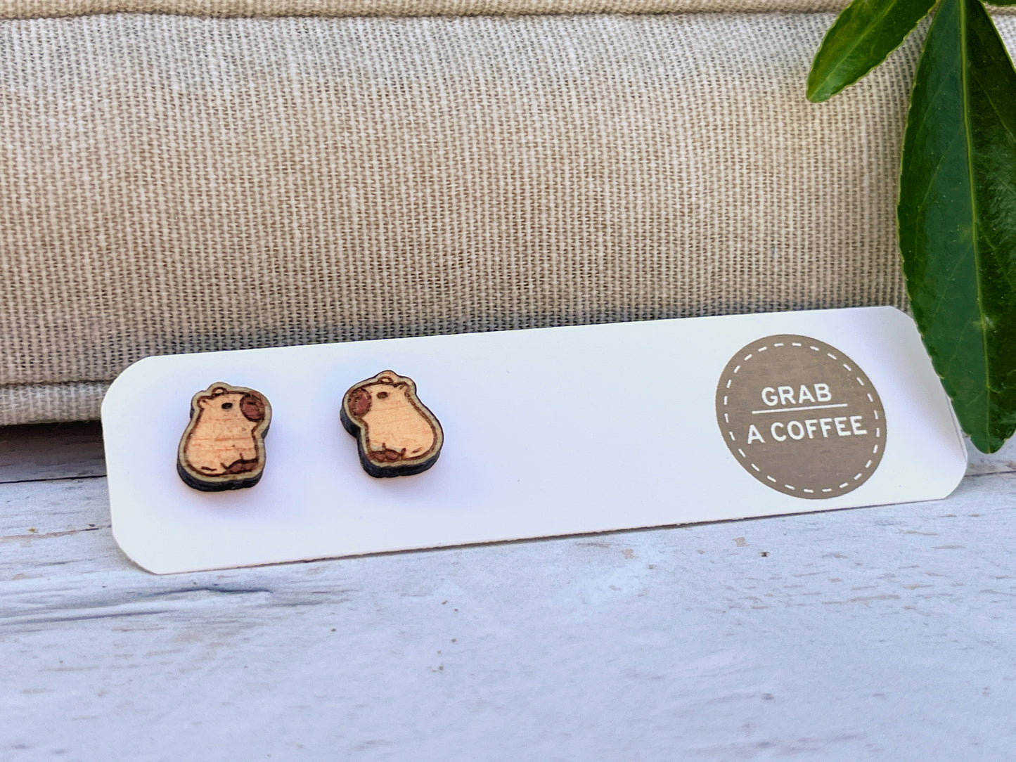 Hand Painted Wooden Stud Earrings — Capybara — Lightweight Hypoallergenic Gift