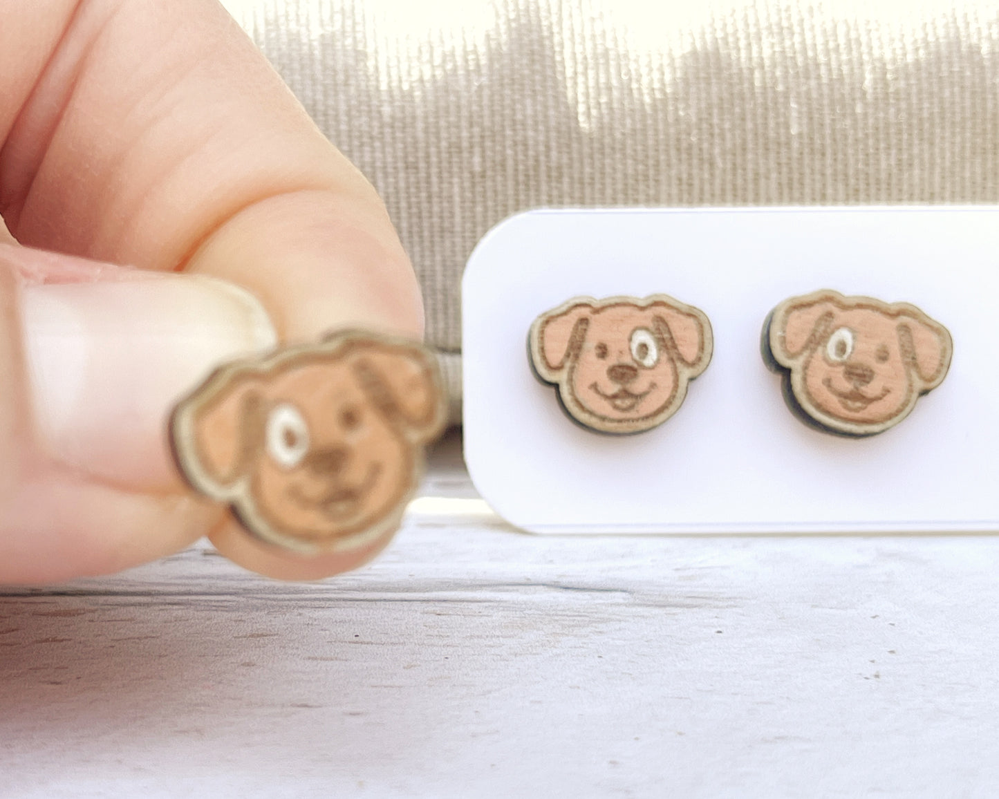 Smiling Dog Studs — Hand-Painted Wooden Earrings