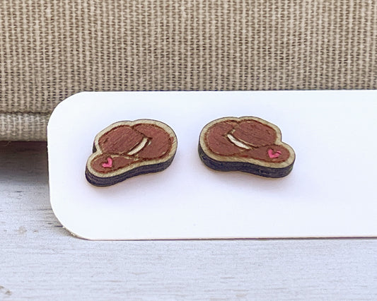 Hand Painted Wooden Mini Cowboy Hat Stud Earrings — Western Jewellery — Quirky Handmade Gift