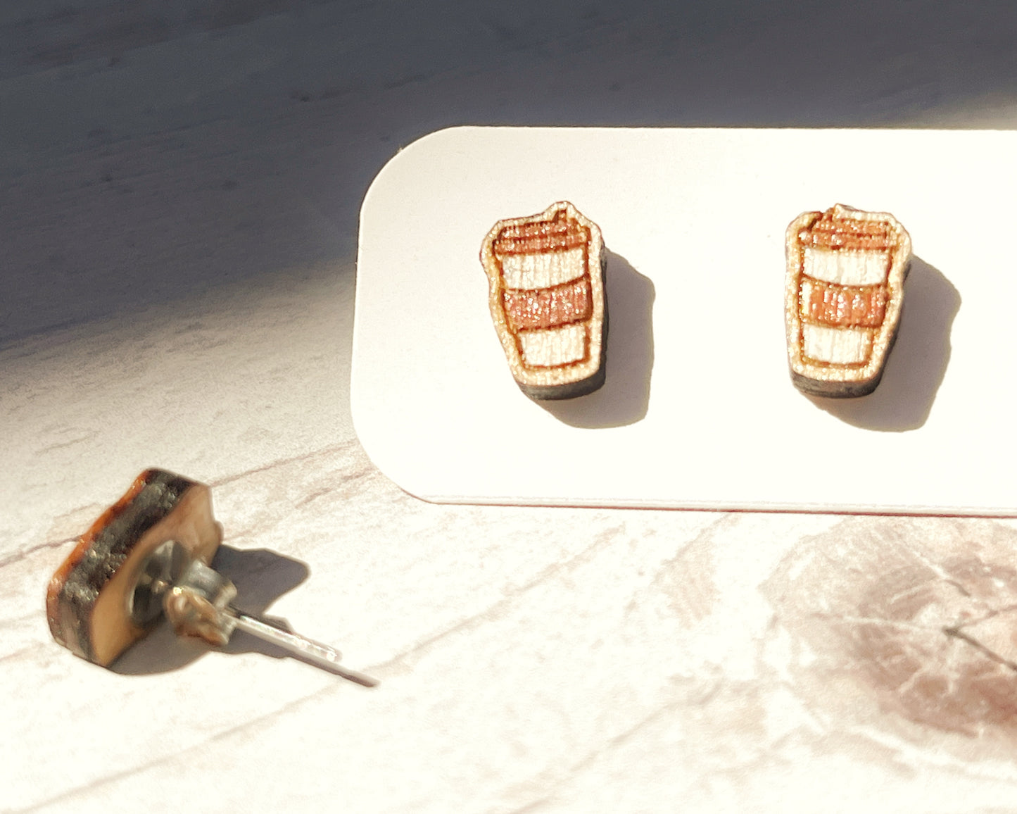 Hand Painted Wooden Coffee Cup Stud Earrings — Mini To-Go Cup — Handmade Gift for Coffee Lovers
