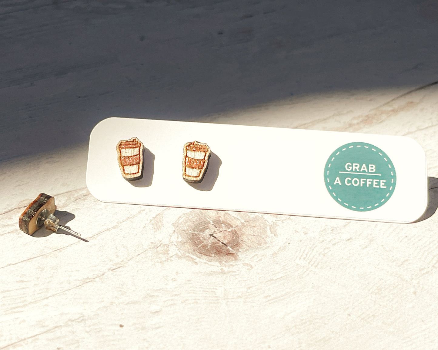 Hand Painted Wooden Coffee Cup Stud Earrings — Mini To-Go Cup — Handmade Gift for Coffee Lovers