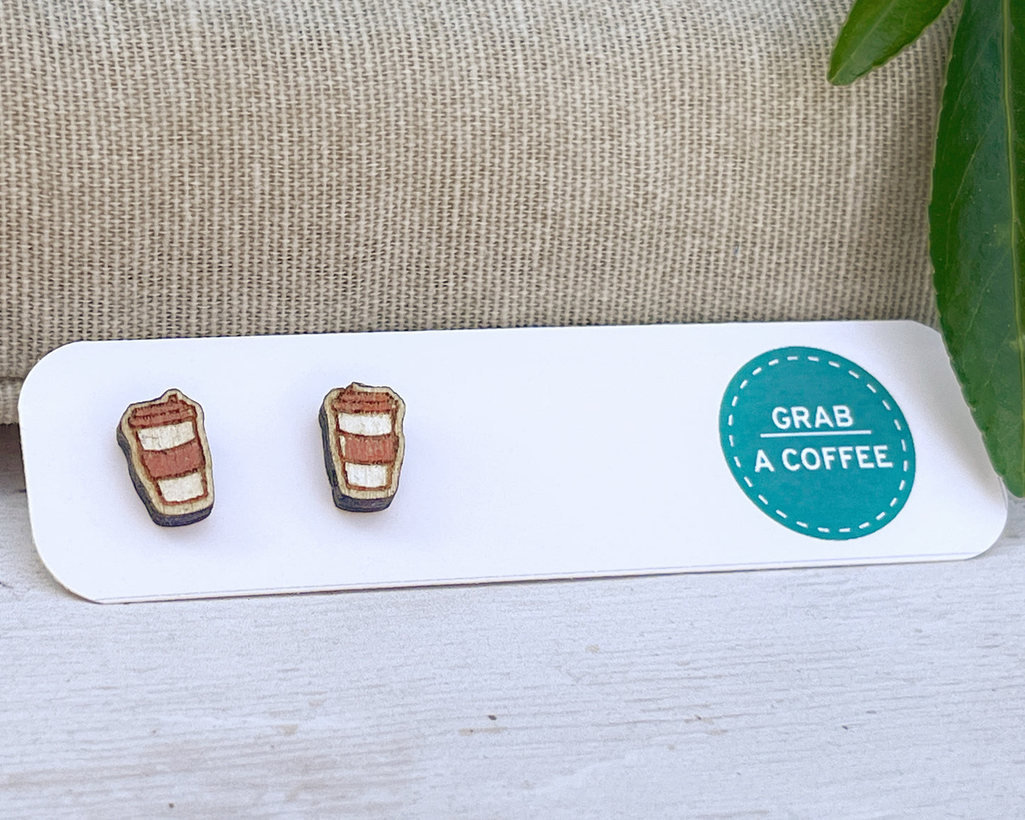 Hand Painted Wooden Coffee Cup Stud Earrings — Mini To-Go Cup — Handmade Gift for Coffee Lovers