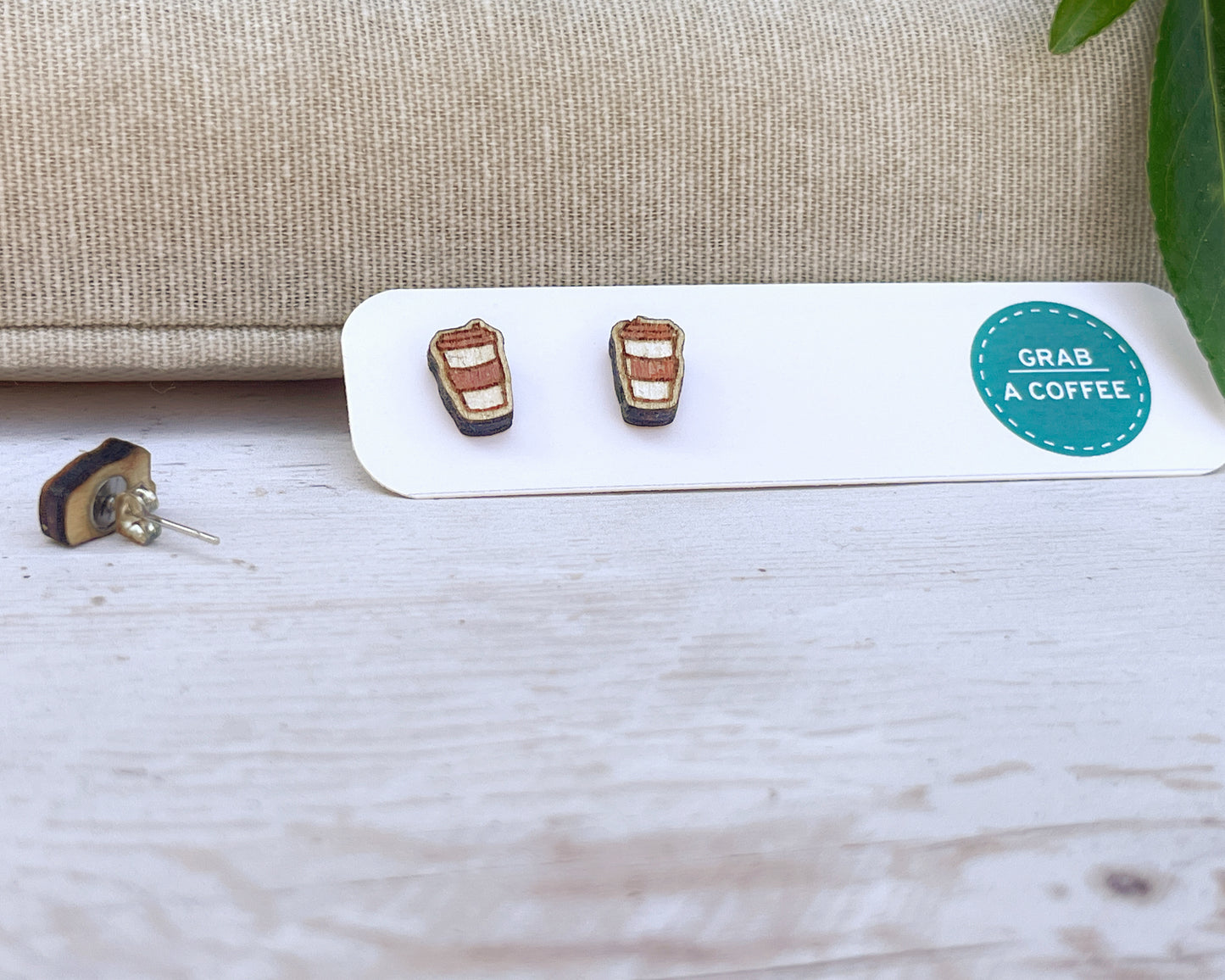 Hand Painted Wooden Coffee Cup Stud Earrings — Mini To-Go Cup — Handmade Gift for Coffee Lovers
