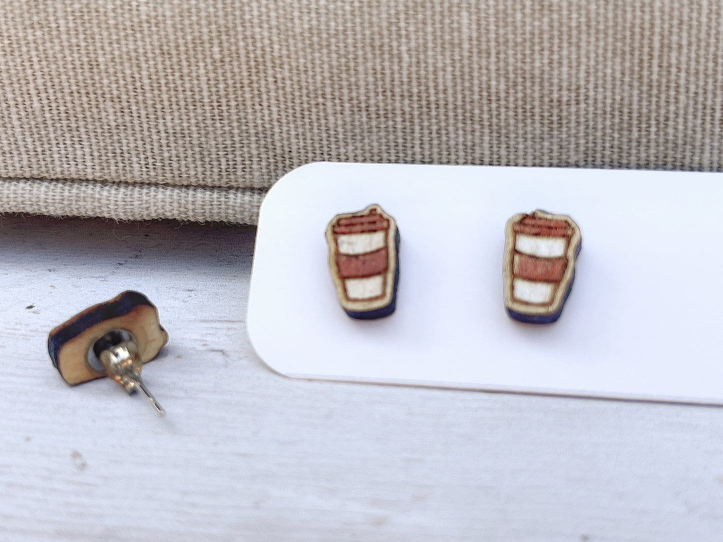 Hand Painted Wooden Coffee Cup Stud Earrings — Mini To-Go Cup — Handmade Gift for Coffee Lovers