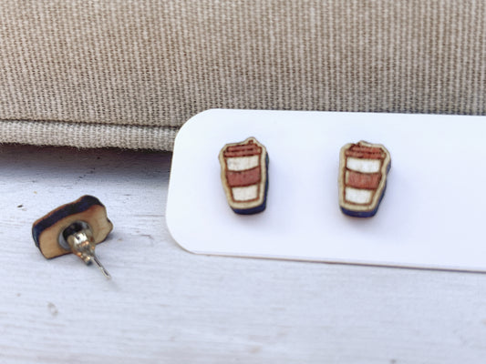 Hand Painted Wooden Coffee Cup Stud Earrings — Mini To-Go Cup — Handmade Gift for Coffee Lovers