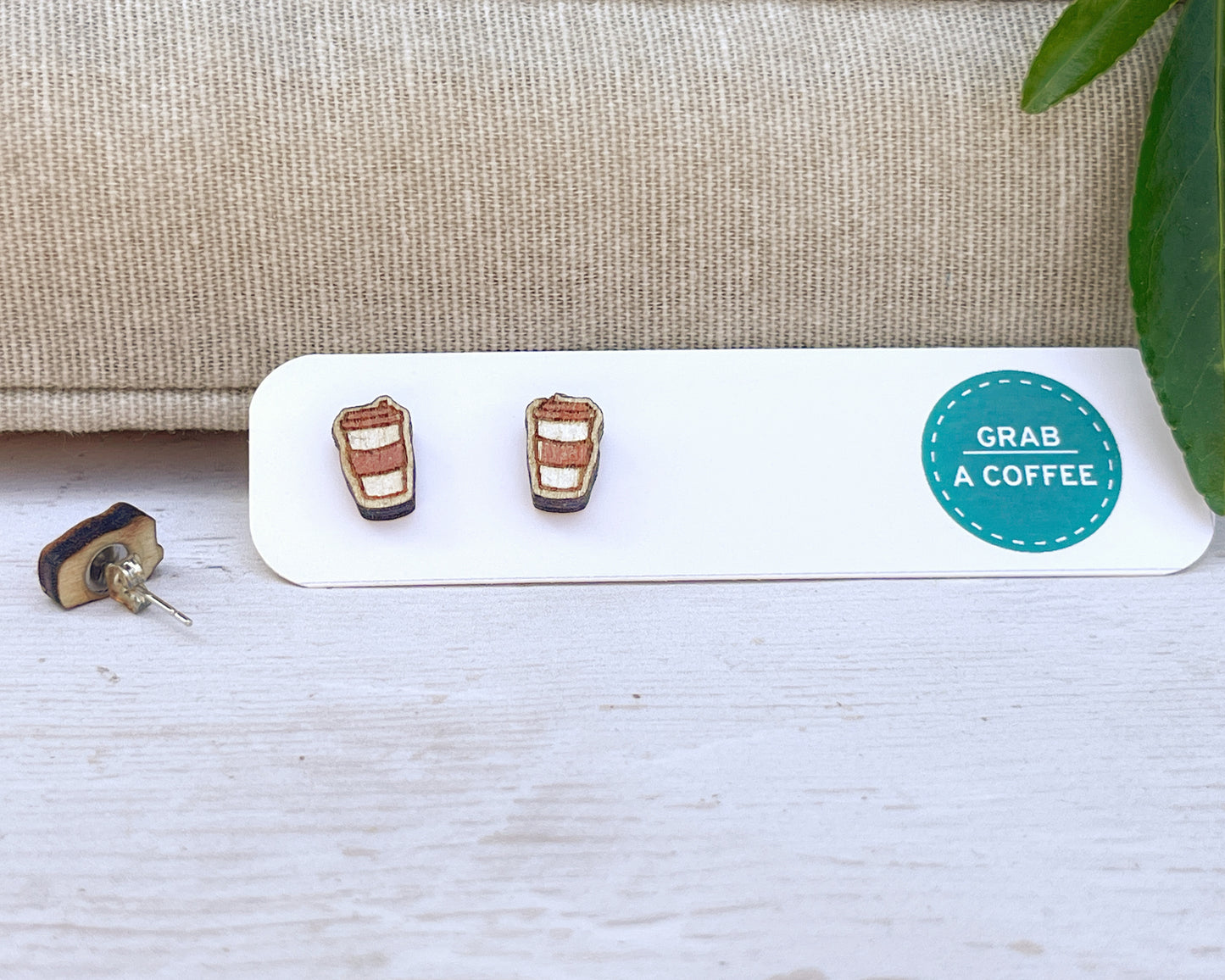 Hand Painted Wooden Coffee Cup Stud Earrings — Mini To-Go Cup — Handmade Gift for Coffee Lovers