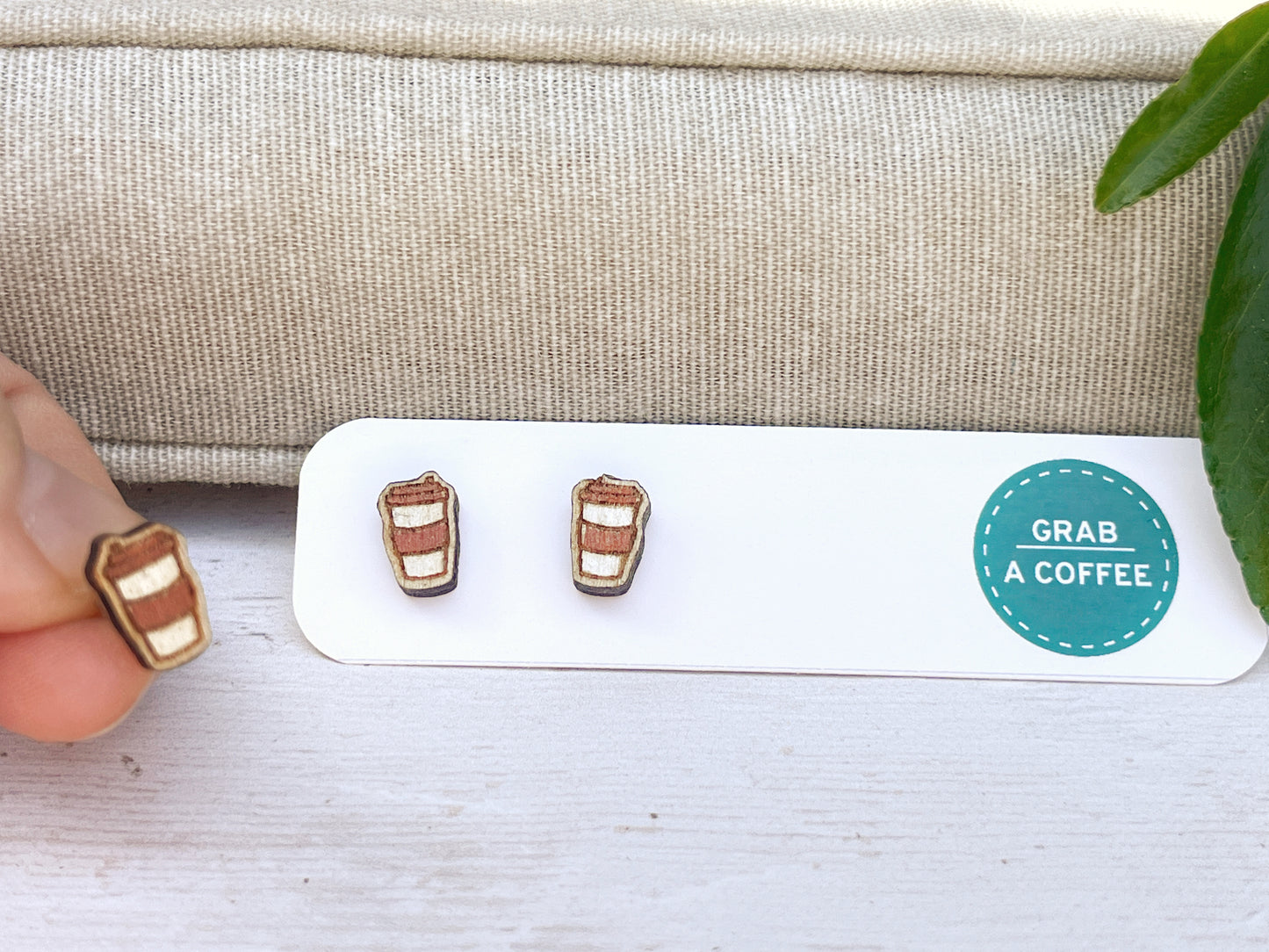 Hand Painted Wooden Coffee Cup Stud Earrings — Mini To-Go Cup — Handmade Gift for Coffee Lovers