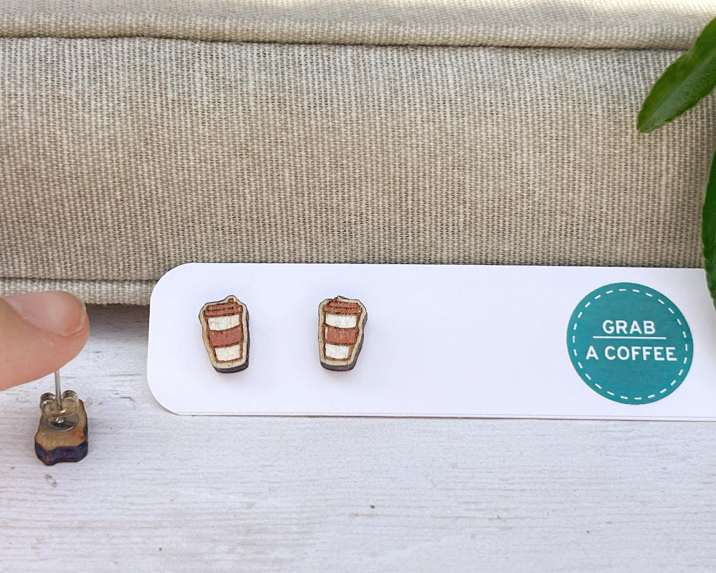 Hand Painted Wooden Coffee Cup Stud Earrings — Mini To-Go Cup — Handmade Gift for Coffee Lovers