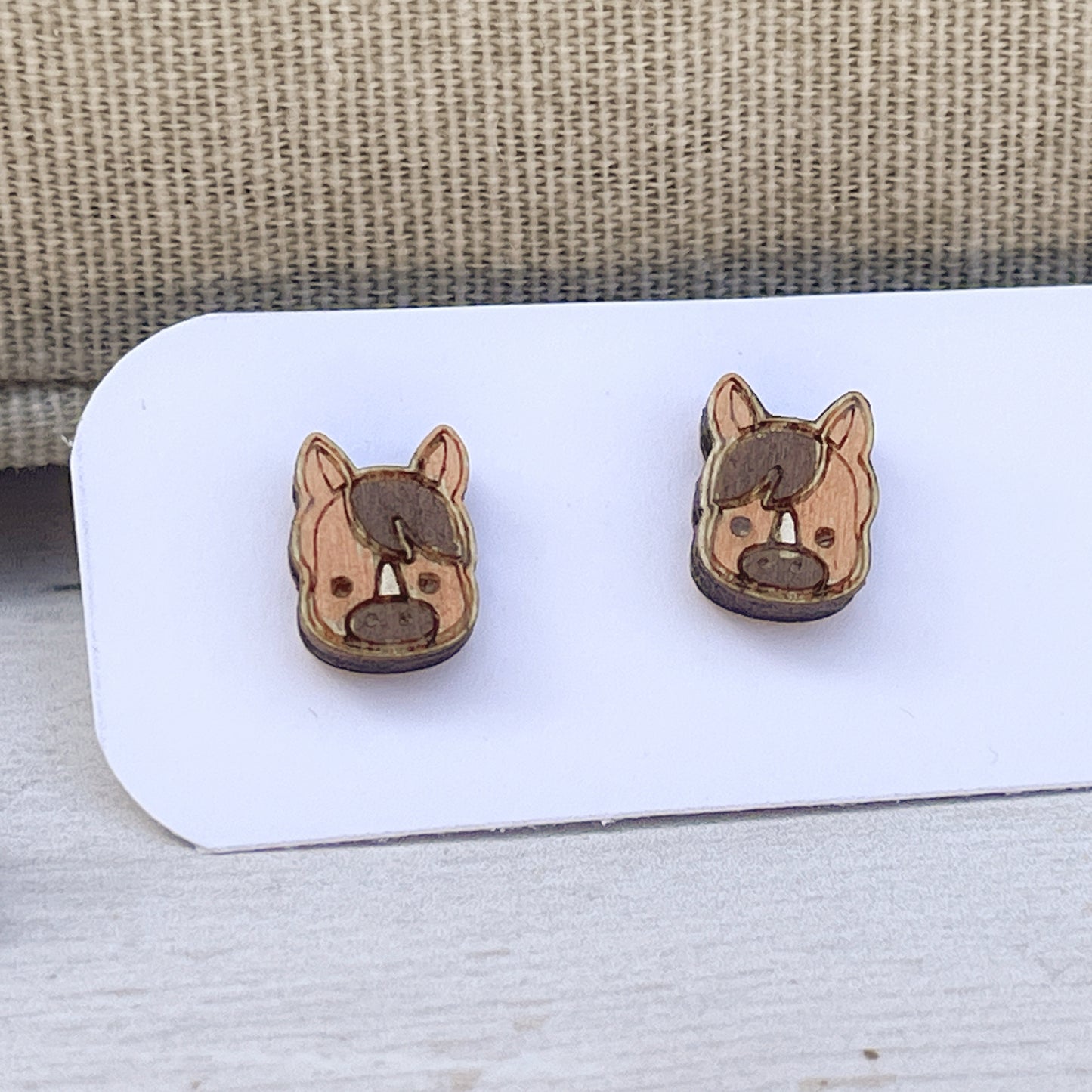 Tiny Horse Stud Earrings — Handmade Laser Cut Plywood, Gift for Horse Lovers