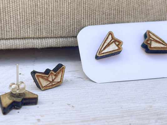 Paper Plane & Paper Boat Stud Earrings — Handmade Laser Cut Plywood, Choose Your Design