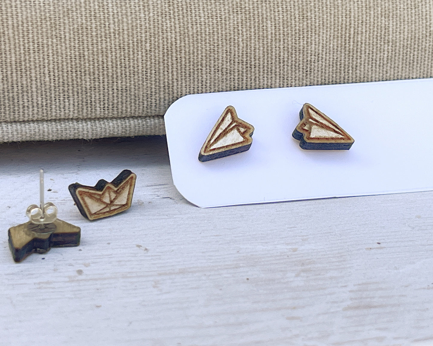 Paper Plane & Paper Boat Stud Earrings — Handmade Laser Cut Plywood, Choose Your Design