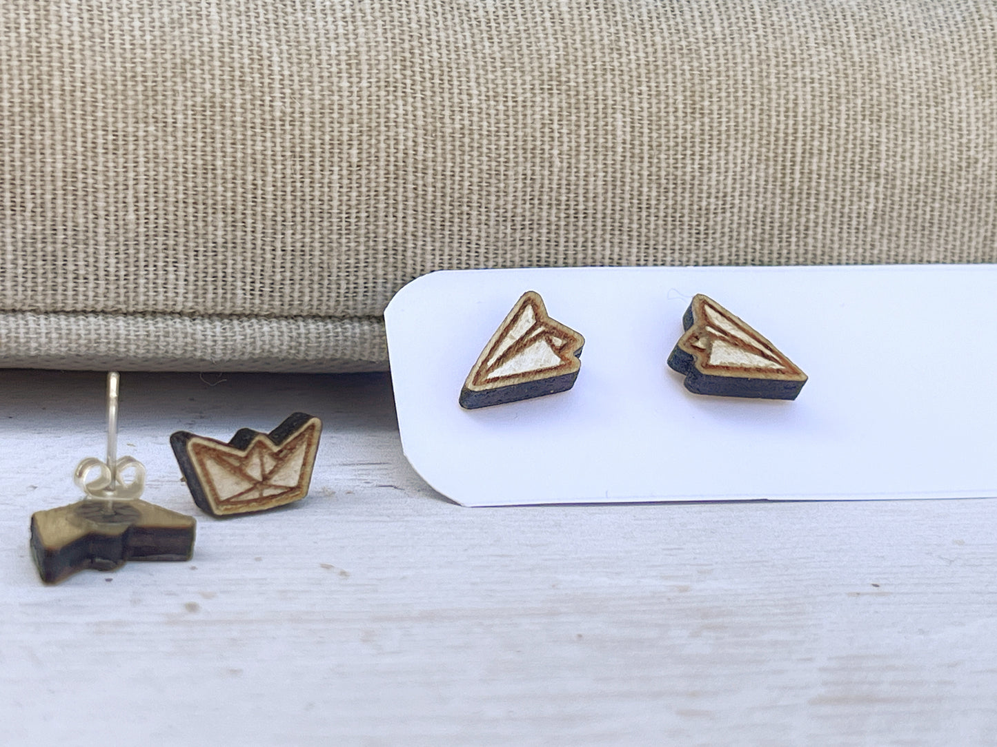 Paper Plane & Paper Boat Stud Earrings — Handmade Laser Cut Plywood, Choose Your Design