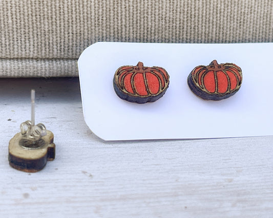 Pumpkin Stud Earrings — Handmade Laser Cut Plywood, Autumn Halloween Jewellery