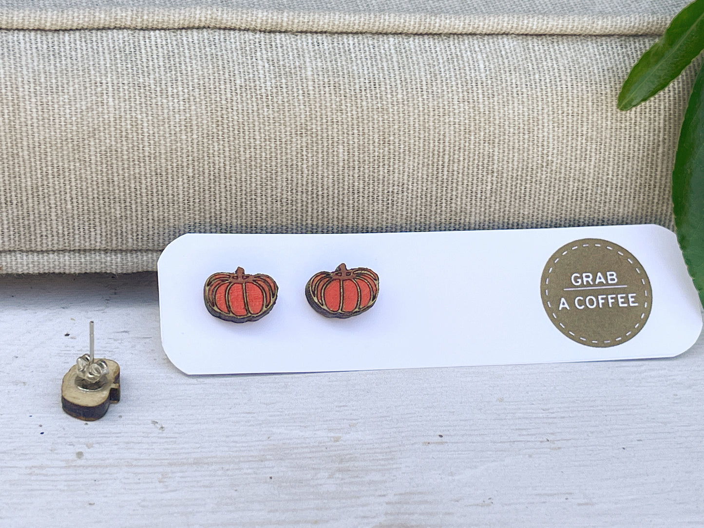 Pumpkin Stud Earrings — Handmade Laser Cut Plywood, Autumn Halloween Jewellery