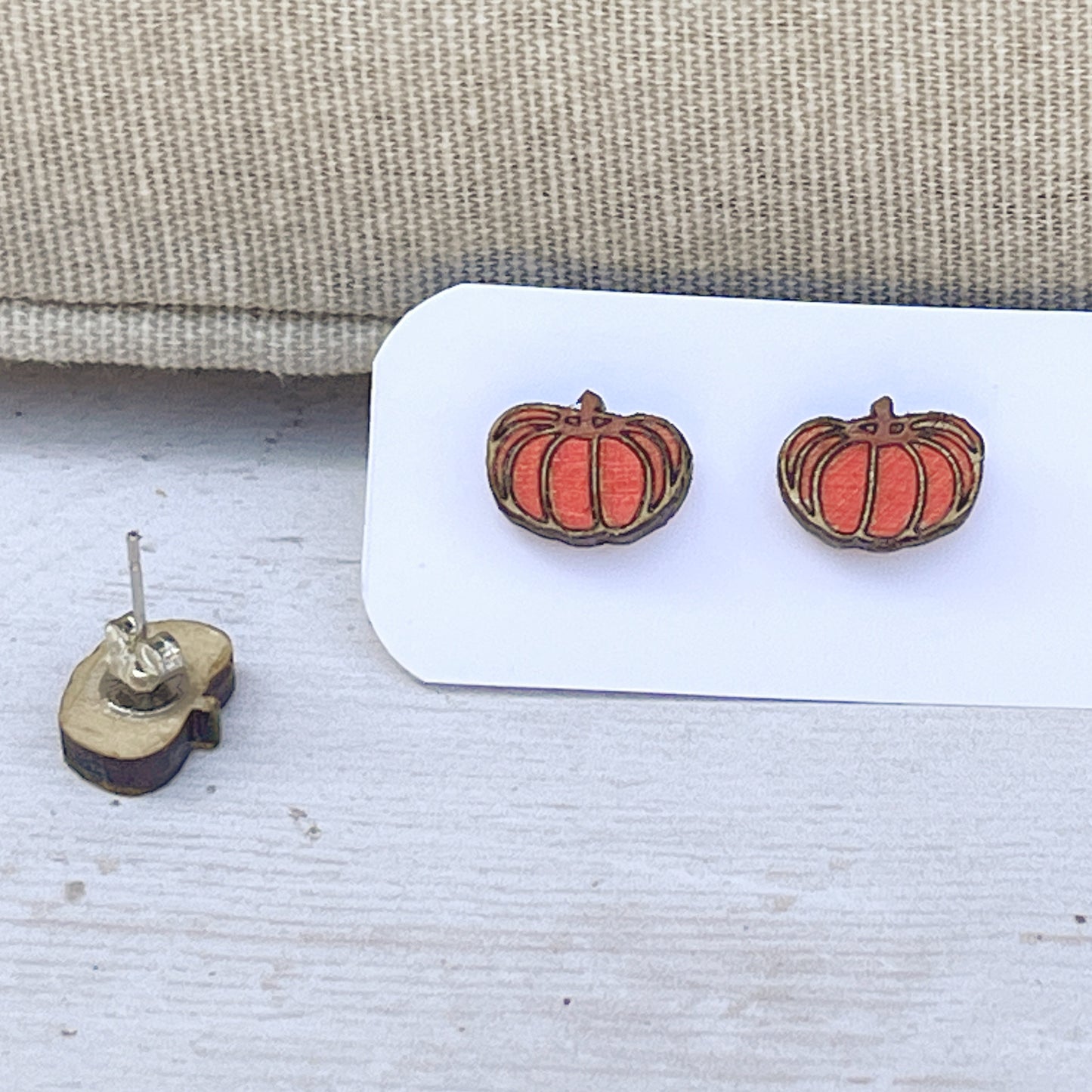 Pumpkin Stud Earrings — Handmade Laser Cut Plywood, Autumn Halloween Jewellery