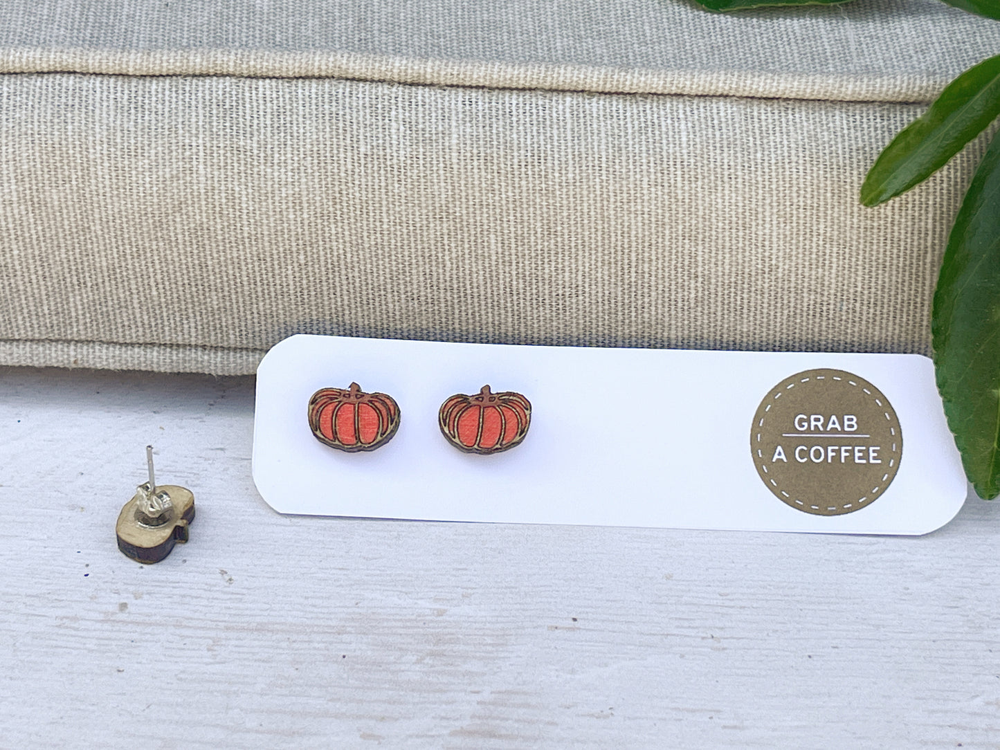 Pumpkin Stud Earrings — Handmade Laser Cut Plywood, Autumn Halloween Jewellery