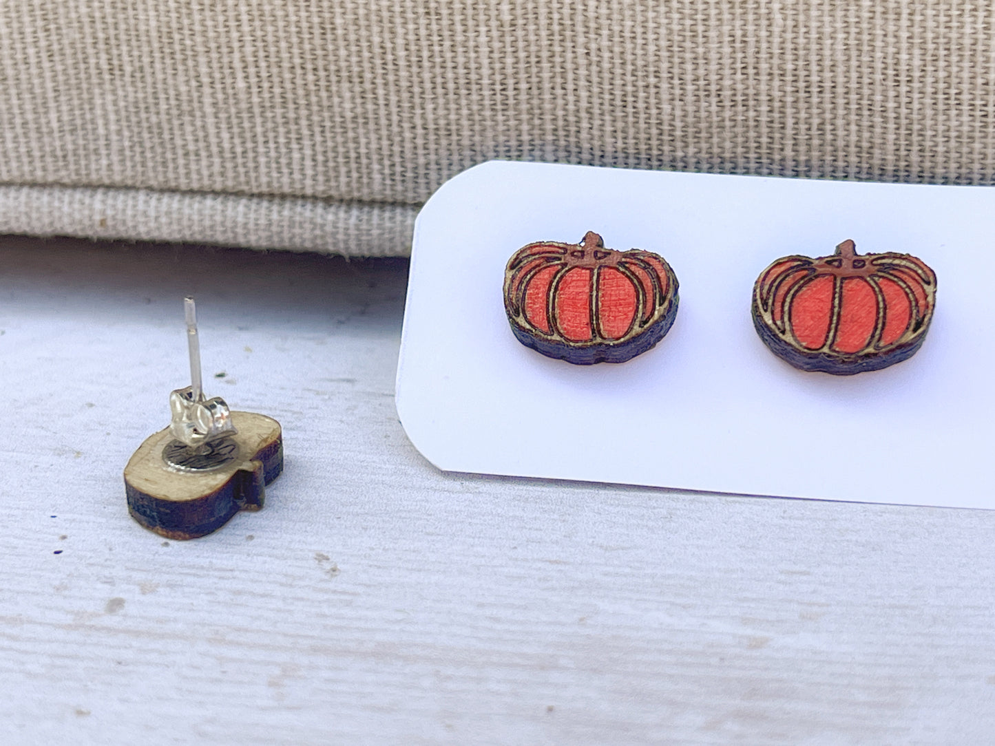 Pumpkin Stud Earrings — Handmade Laser Cut Plywood, Autumn Halloween Jewellery