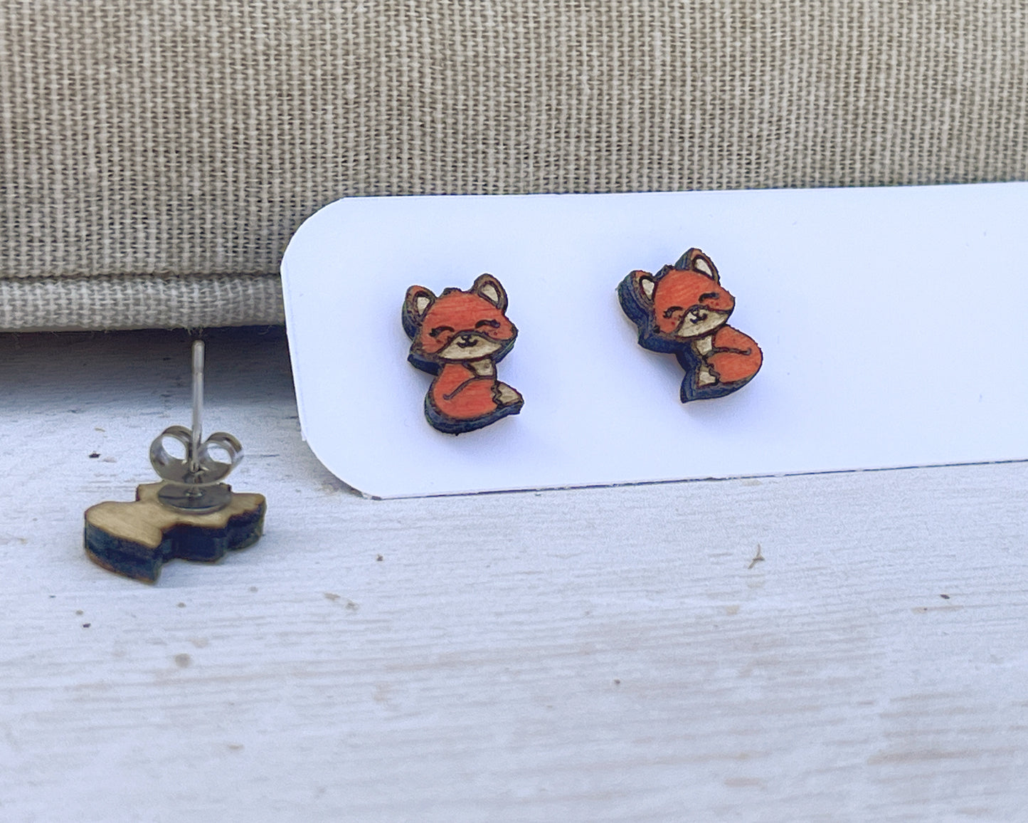 Hand Painted Wooden Fox Stud Earrings — Woodland Animal Jewellery — Handmade Gift for Nature Lovers