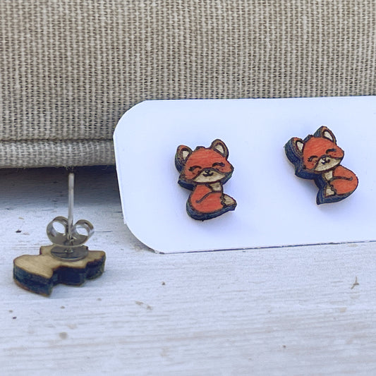Hand Painted Wooden Fox Stud Earrings — Woodland Animal Jewellery — Handmade Gift for Nature Lovers
