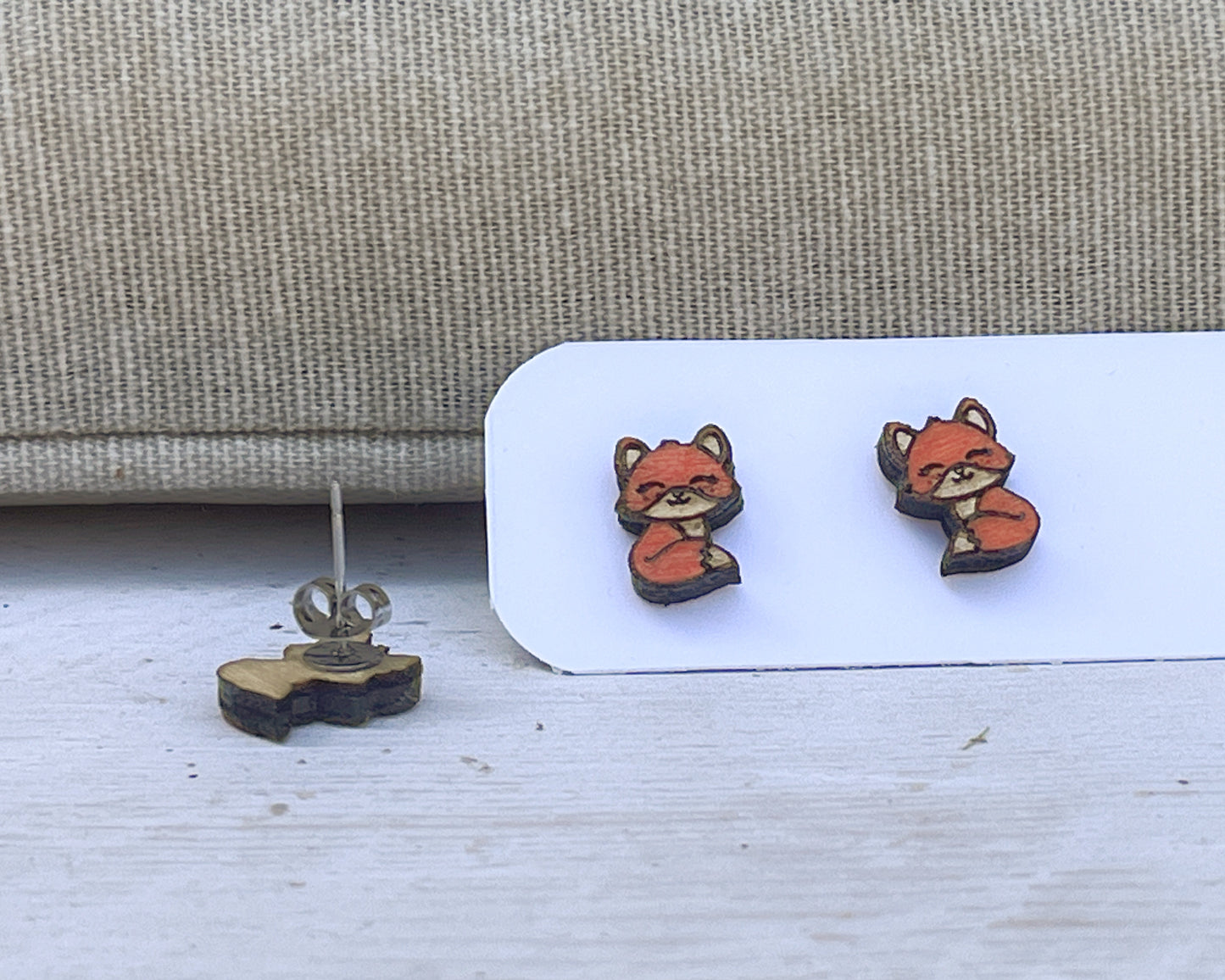 Hand Painted Wooden Fox Stud Earrings — Woodland Animal Jewellery — Handmade Gift for Nature Lovers