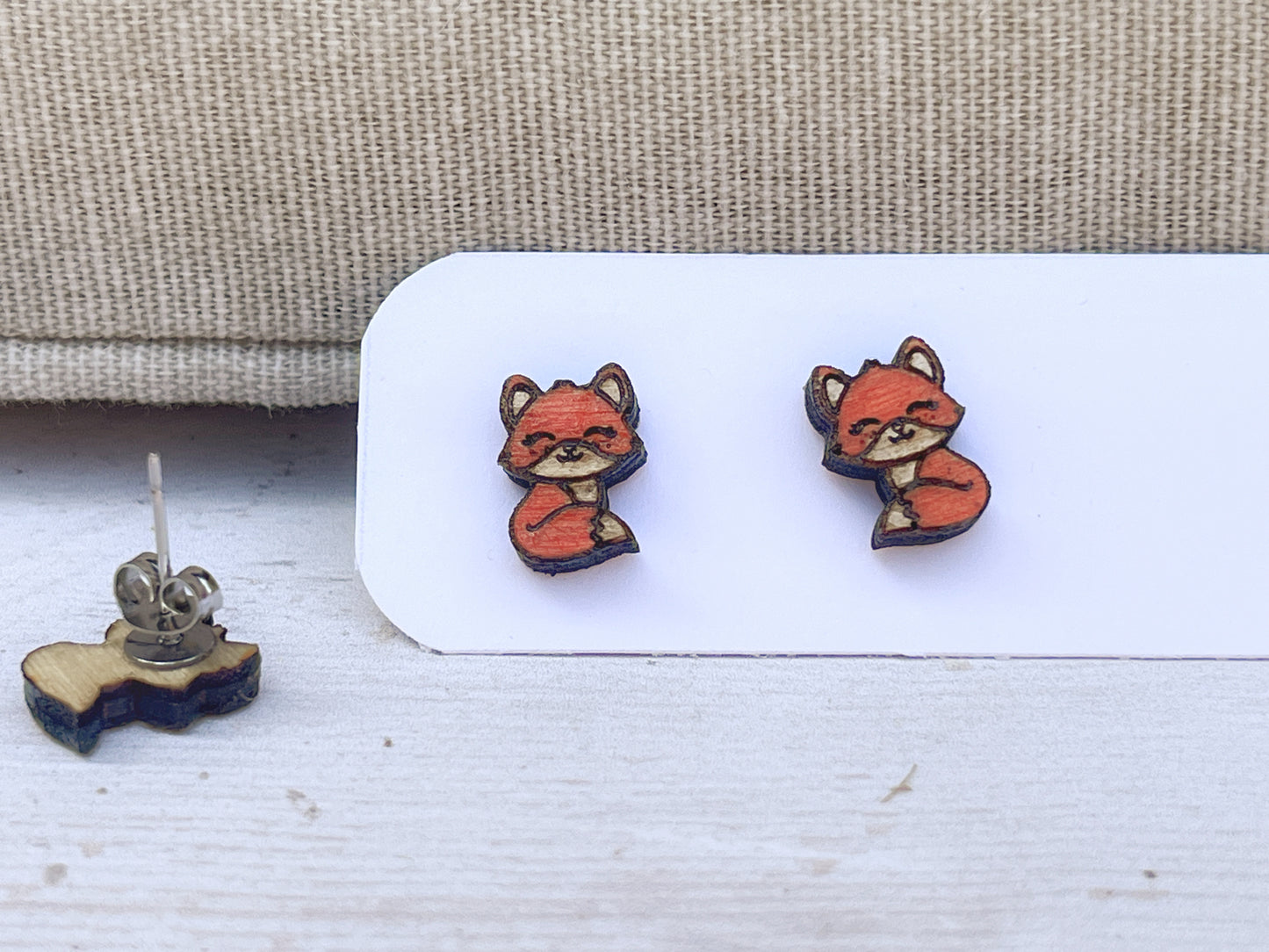 Hand Painted Wooden Fox Stud Earrings — Woodland Animal Jewellery — Handmade Gift for Nature Lovers