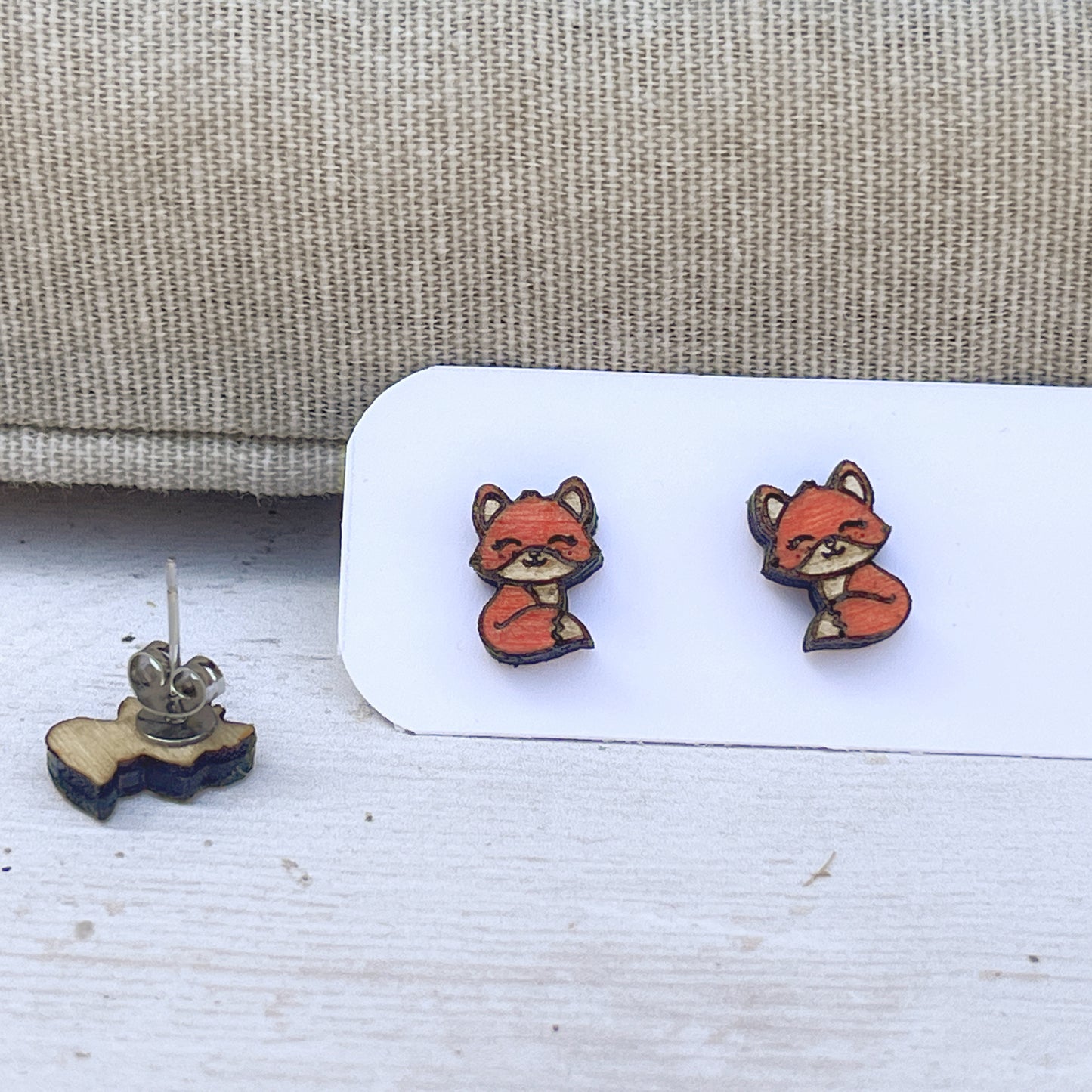 Hand Painted Wooden Fox Stud Earrings — Woodland Animal Jewellery — Handmade Gift for Nature Lovers