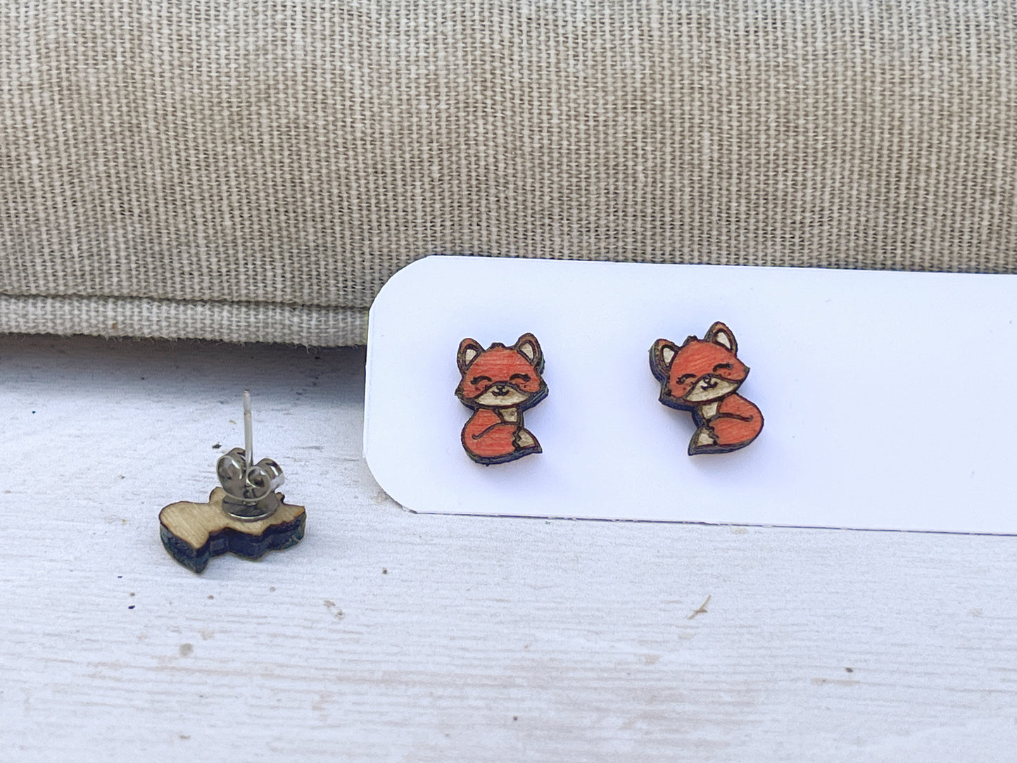 Hand Painted Wooden Fox Stud Earrings — Woodland Animal Jewellery — Handmade Gift for Nature Lovers