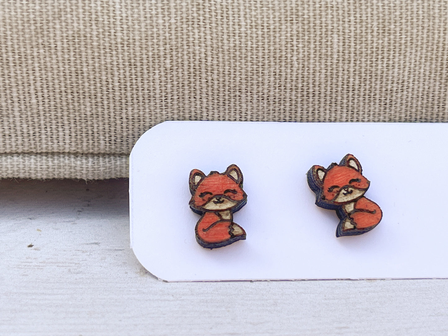 Hand Painted Wooden Fox Stud Earrings — Woodland Animal Jewellery — Handmade Gift for Nature Lovers