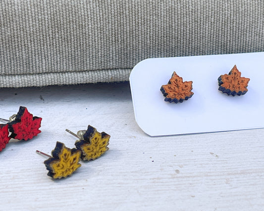 Maple Leaf Stud Earrings — Handmade Laser Cut Plywood, Yellow Orange or Red, Autumn Nature Jewellery