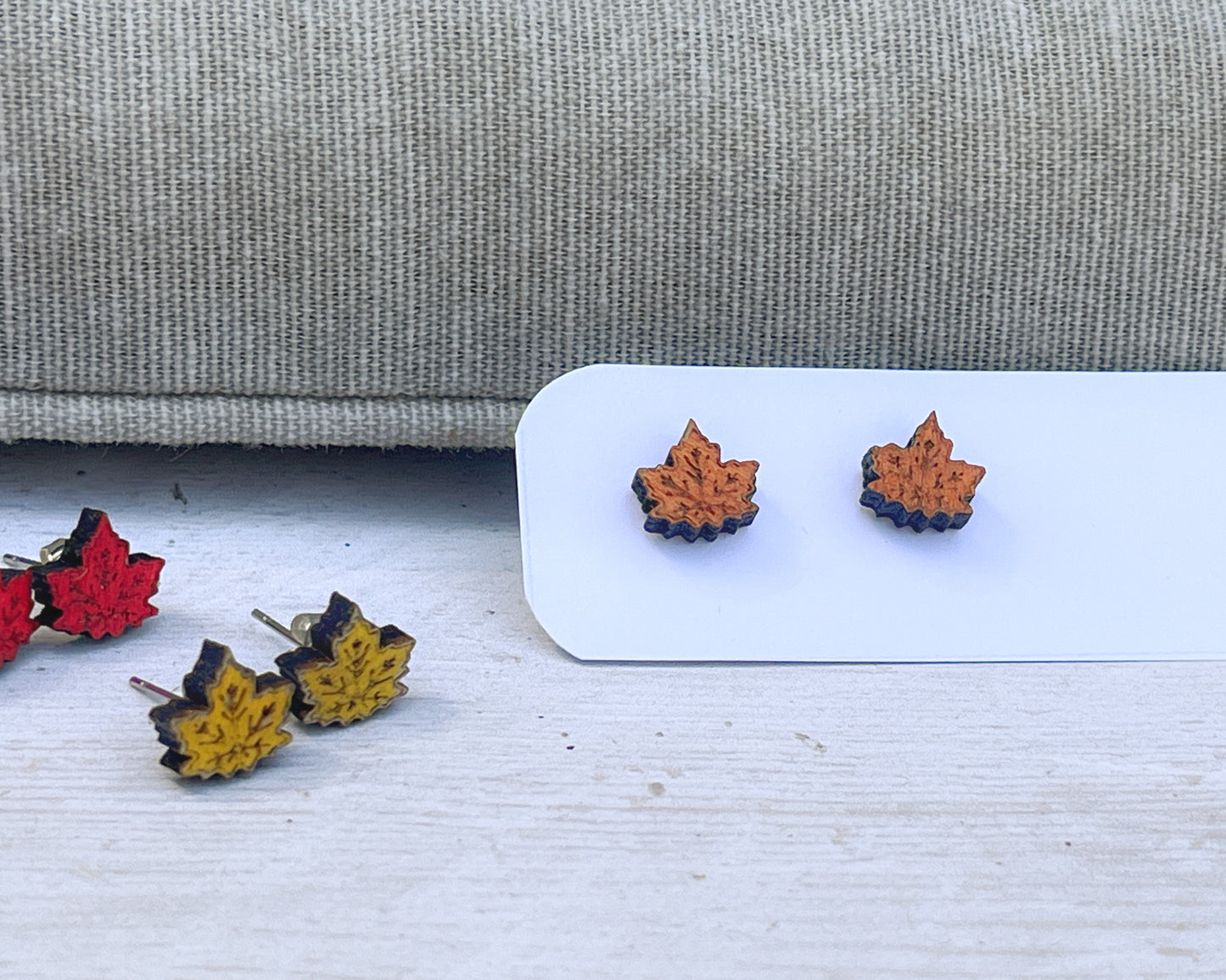 Maple Leaf Stud Earrings — Handmade Laser Cut Plywood, Yellow Orange or Red, Autumn Nature Jewellery