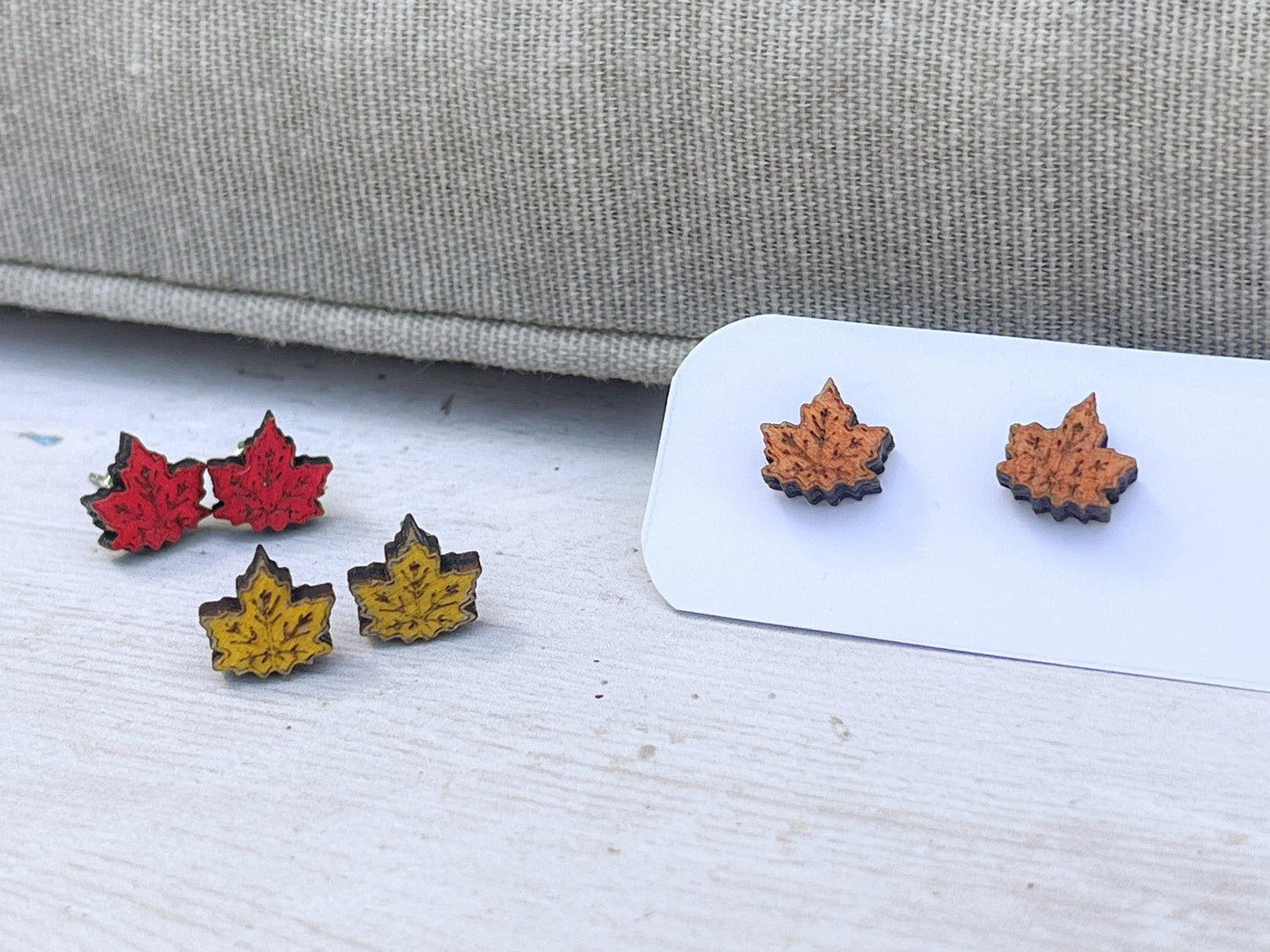 Maple Leaf Stud Earrings — Handmade Laser Cut Plywood, Yellow Orange or Red, Autumn Nature Jewellery