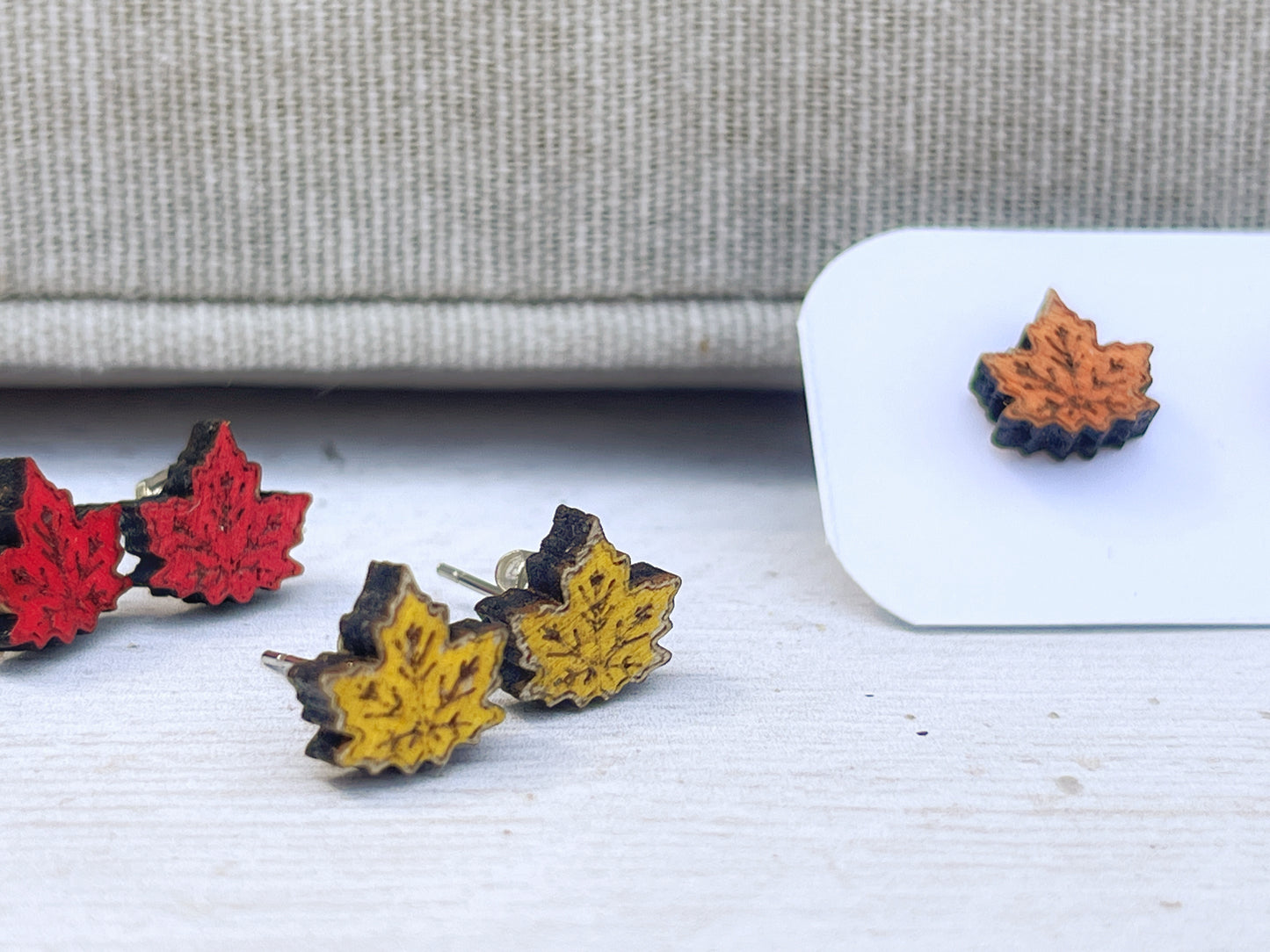 Maple Leaf Stud Earrings — Handmade Laser Cut Plywood, Yellow Orange or Red, Autumn Nature Jewellery
