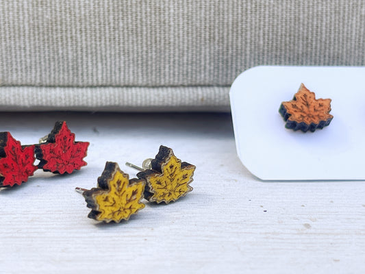 Maple Leaf Stud Earrings — Handmade Laser Cut Plywood, Yellow Orange or Red, Autumn Nature Jewellery