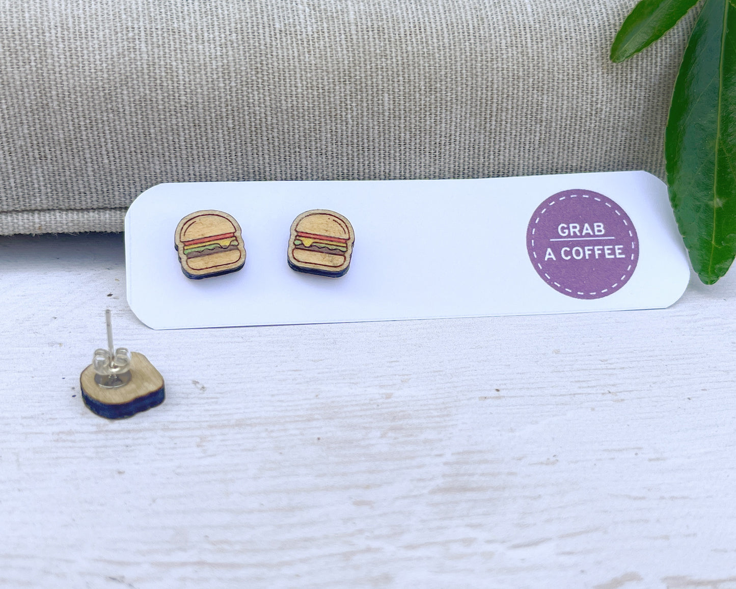 Hamburger Studs — Hand-Painted Wooden Earrings