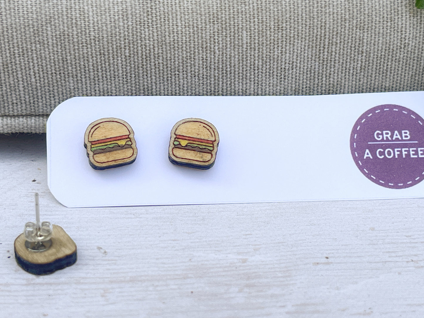 Hamburger Studs — Hand-Painted Wooden Earrings