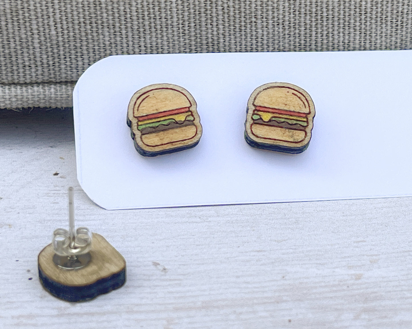 Hamburger Studs — Hand-Painted Wooden Earrings