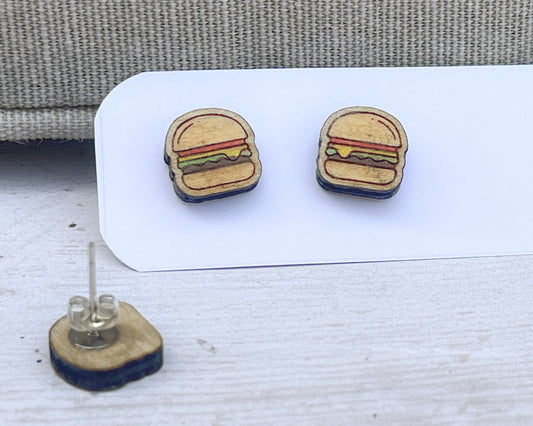Hamburger Studs — Hand-Painted Wooden Earrings