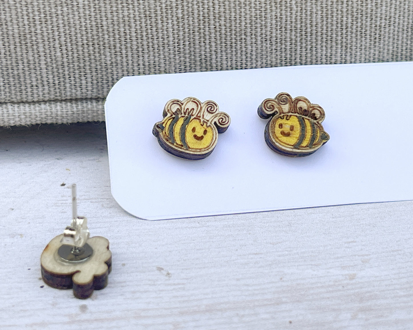 Bee Stud Earrings — Handmade Laser Cut Plywood, Cute Bee Lover Gift