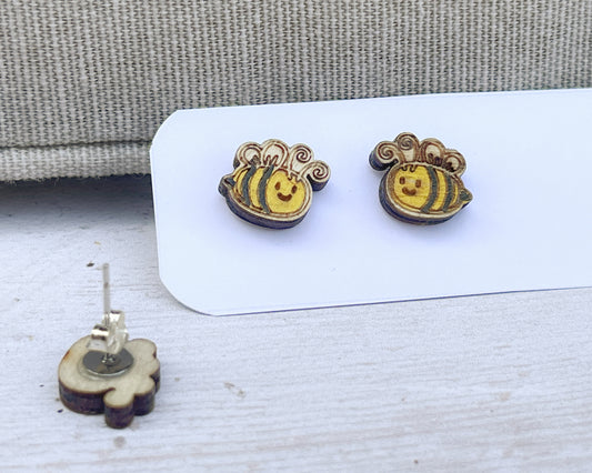 Bee Stud Earrings — Handmade Laser Cut Plywood, Cute Bee Lover Gift