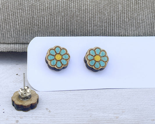 Daisy Flower Stud Earrings — Handmade Laser Cut Plywood, White or Blue, Floral Nature Jewellery