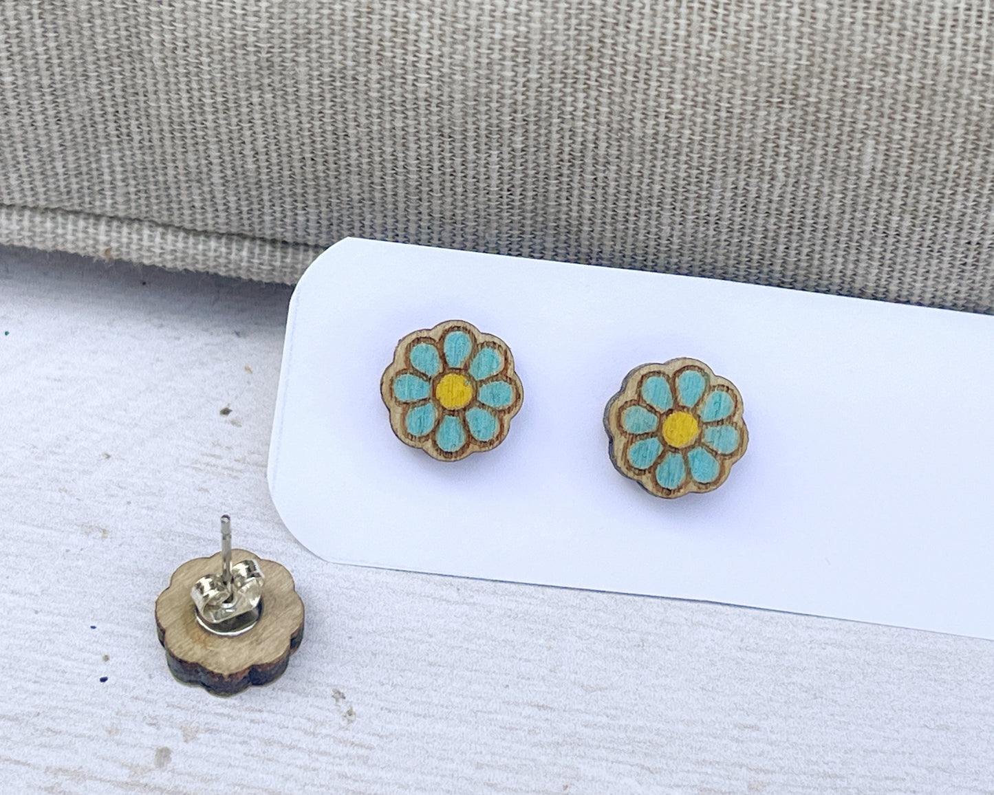Daisy Flower Stud Earrings — Handmade Laser Cut Plywood, White or Blue, Floral Nature Jewellery