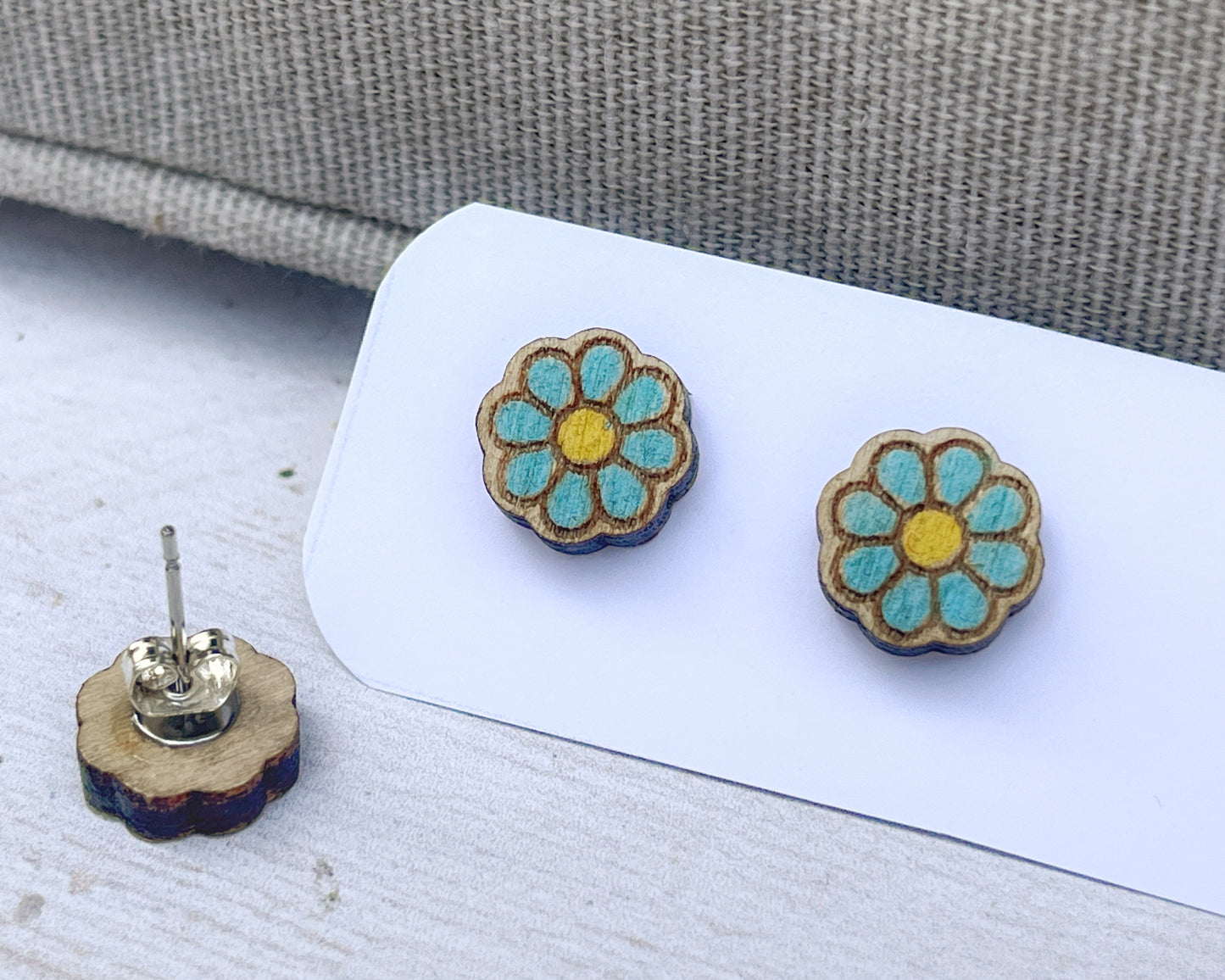 Daisy Flower Stud Earrings — Handmade Laser Cut Plywood, White or Blue, Floral Nature Jewellery