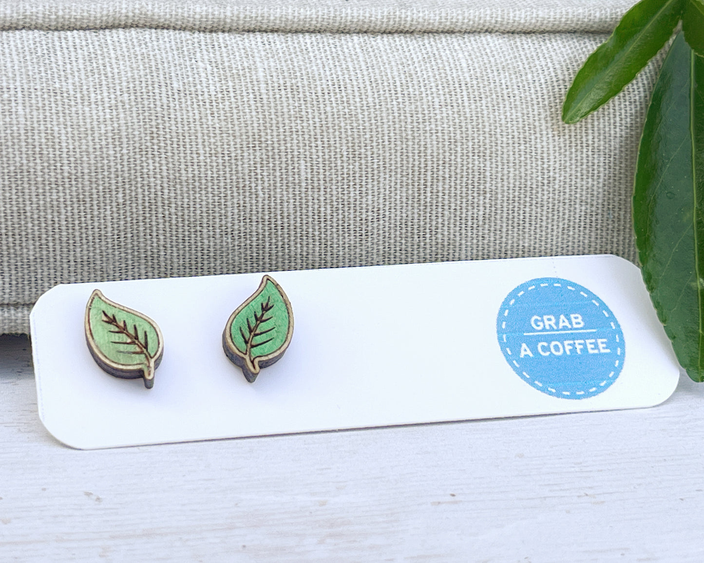 Hand Painted Wooden Green Leaf Stud Earrings — Botanical Nature Jewellery — Handmade Gift for Plant Lovers