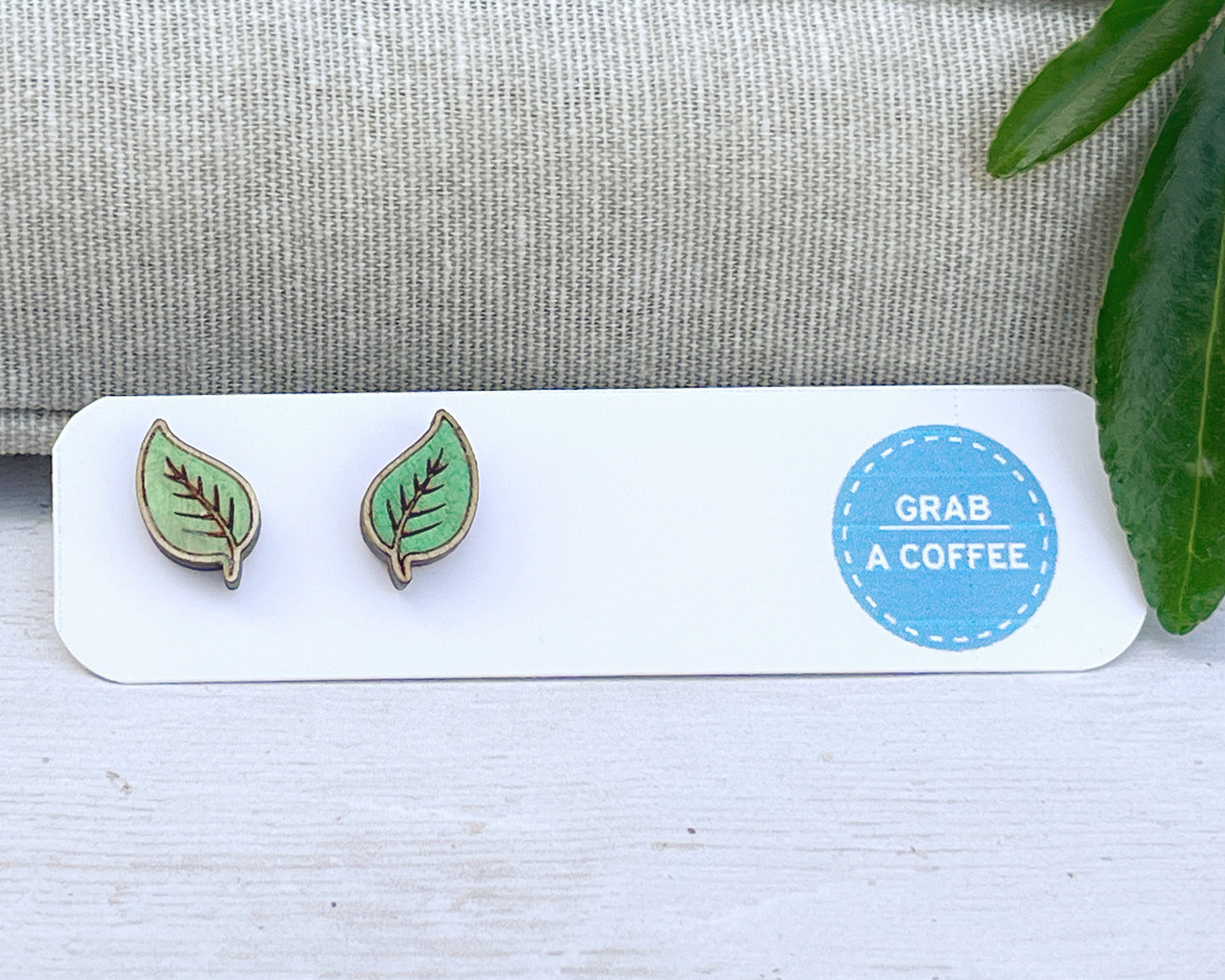 Hand Painted Wooden Green Leaf Stud Earrings — Botanical Nature Jewellery — Handmade Gift for Plant Lovers